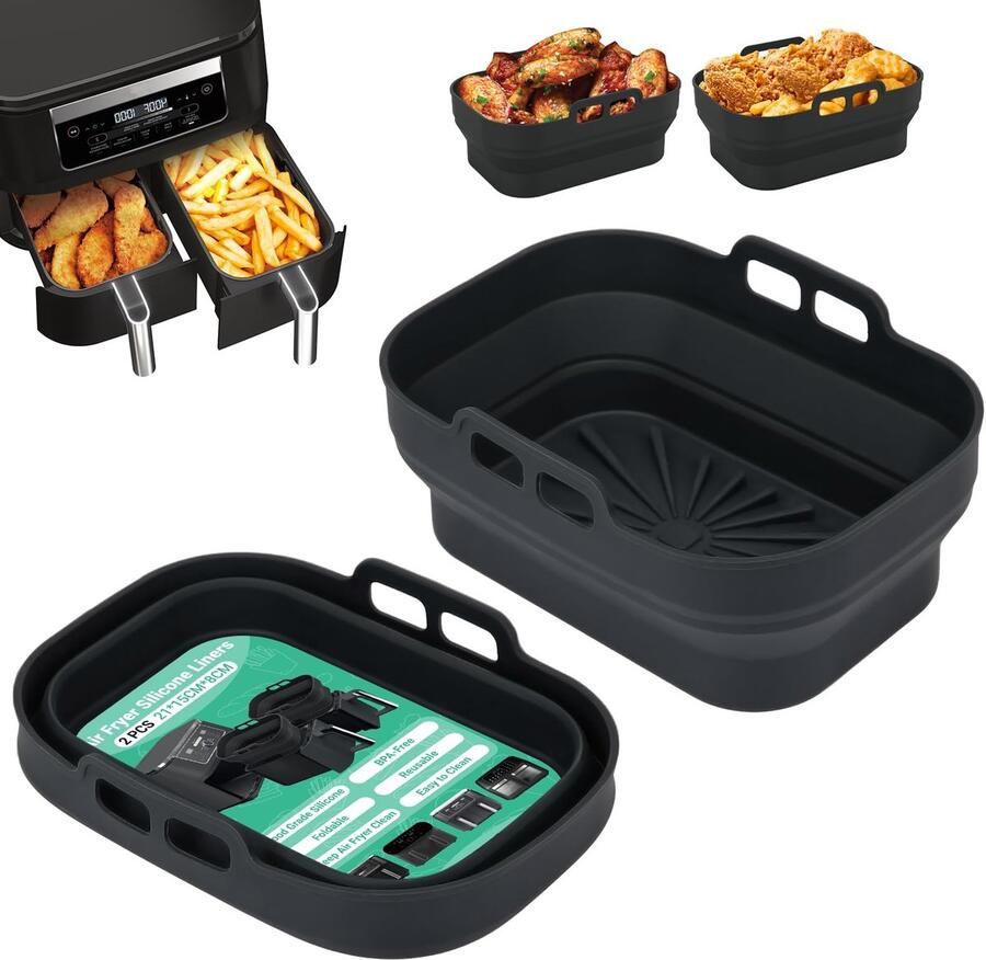 Air Fryer Siliconen Pot 2 Stuks Airfryer Vormpjes Herbruikbare Mandjes Heteluchtfriteuse Rechthoekig Opvouwbare Tray Basket Liners voor Lucht Frituur Oven Magnetron (Zwart)