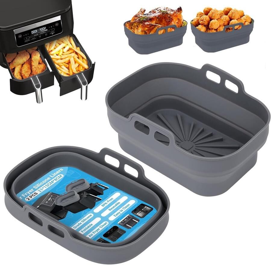 Air Fryer Siliconen Pot 2 Stuks Airfryer Vormpjes Herbruikbare Mandjes Heteluchtfriteuse Rechthoekig Opvouwbare Tray Basket Liners voor Lucht Frituur Oven Magnetron (Grijs)