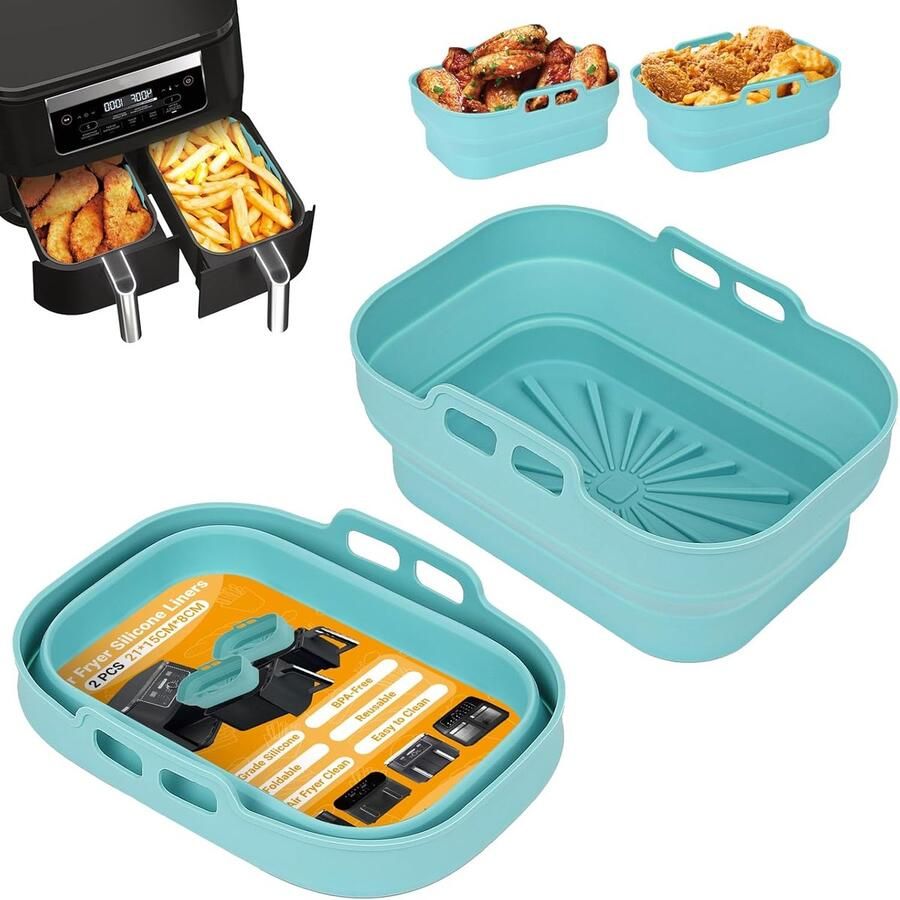 Air Fryer Siliconen Pot 2 Stuks Airfryer Vormpjes Herbruikbare Mandjes Heteluchtfriteuse Rechthoekig Opvouwbare Tray Basket Liners voor Lucht Frituur Oven Magnetron (Blauw)