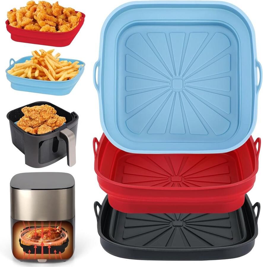 Air Fryer Siliconen Pot 3 Stuks Airfryer Liners Herbruikbare Heteluchtfriteuse Pan Mand Vierkant Opvouwbare Tray Rack Basket voor Lucht Frituur Magnetron Oven (Rood+Zwart+Lichtblauw)