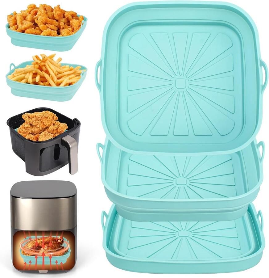 YAGXIG Air Fryer Siliconen Mand Vierkant Air Fryer Mand Air Fryer Siliconen Bak Opvouwbaar Siliconen Bakvormen Air Fryer Liner Herbruikbaar Opvouwbaar Geschikt voor Air Fryer Magnetron Oven Blauw 3 stuks