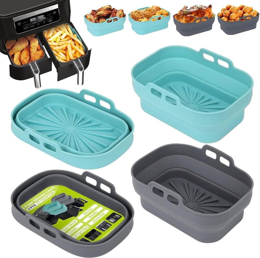 Air Fryer Siliconen Pot 4 Stuks Airfryer Vormpjes Herbruikbare Mandjes Heteluchtfriteuse Rechthoekig Opvouwbare Tray Basket Liners voor Lucht Frituur Oven Magnetron (Blauw+Grijs)
