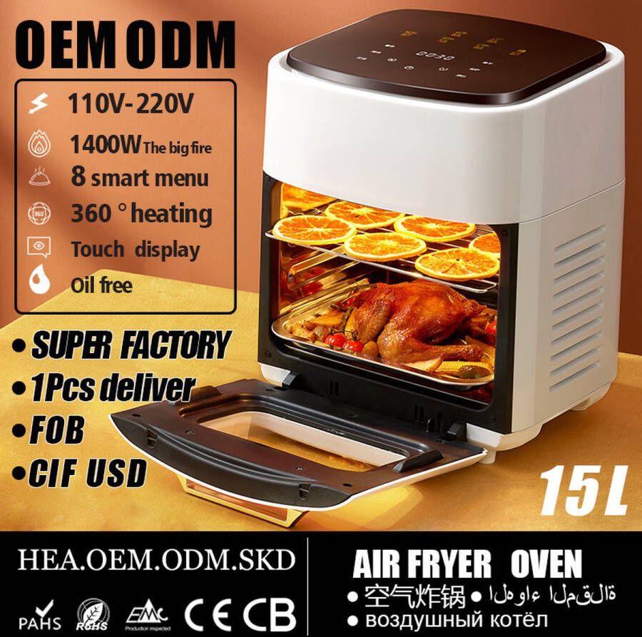 Airfryer 15L Airfryer oven heteluchtfriteuse 60-200℃ LED-touchscreen Airfryer digitale heteluchtfriteuse 1400W Wit