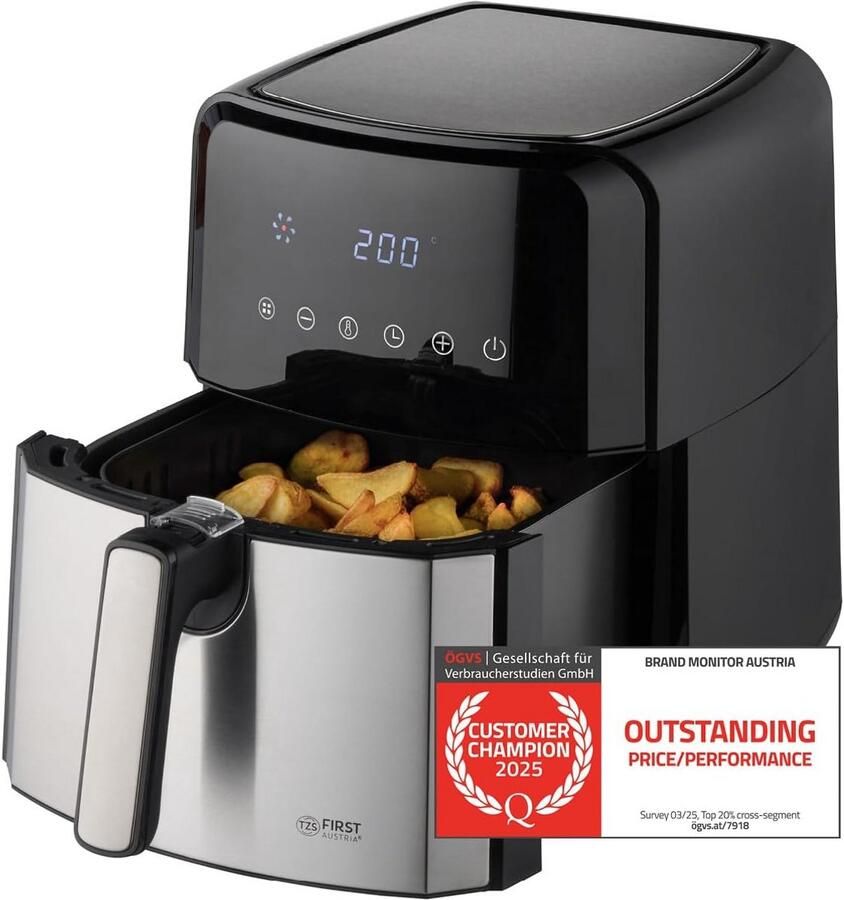 Airfryer 5L met Digitale Timer en 8 Programma's Roestvrijstalen Mand Gezond Frituren tot 200°C
