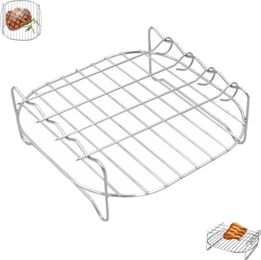 Airfryer accessoire grillrooster Roestvrijstalen grillpan Zilver Dubbellaags grillrooster Met 4 grillroosters Airfryer rooster Dubbellaags airfryer rooster Dubbellaags kookroosterset