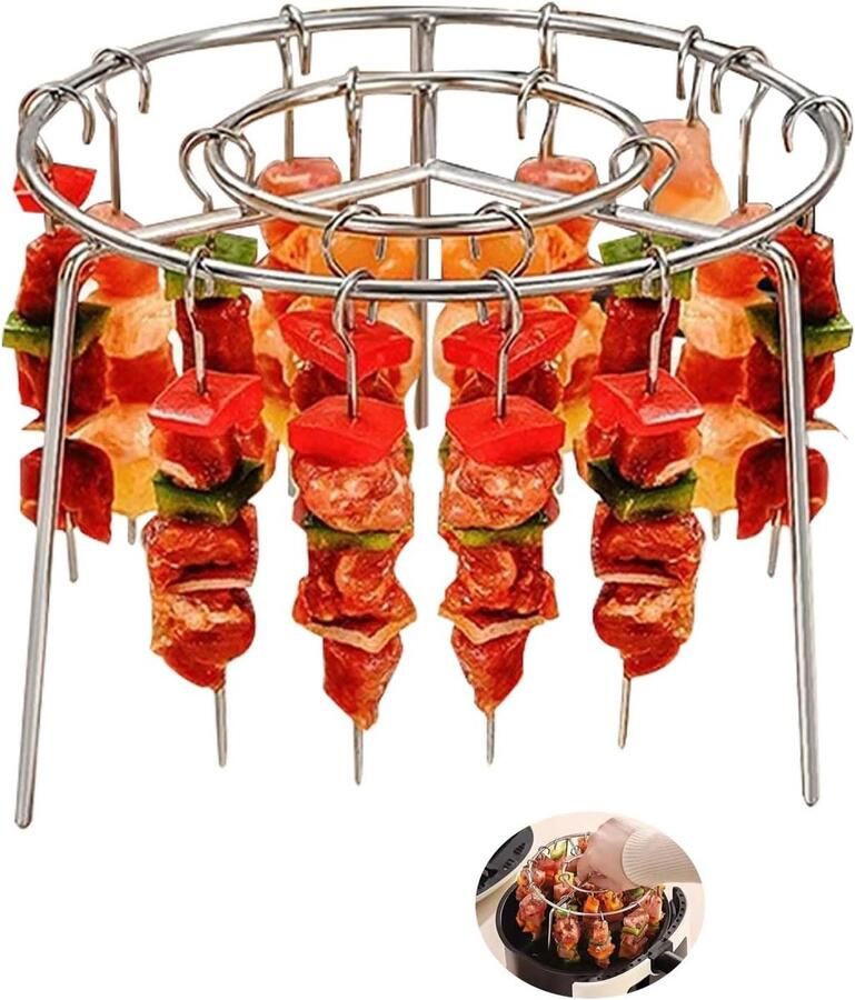 Airfryer accessoire RVS BBQ spiesenset 24 spiesen + ronde grillpan Geschikt voor airfryer grillpannen Geschikt voor Ninja airfryer grillpannen