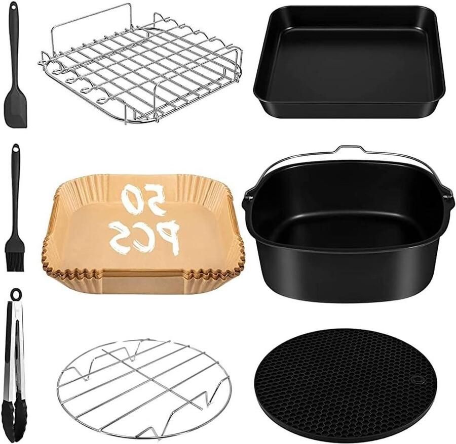 Airfryer accessoire set 9-delige mand geschikt voor alle airfryers 5.5L inclusief taartpan en pizzapan metalen houder vellum gevoerd dienbladborstel praktische toevoeging