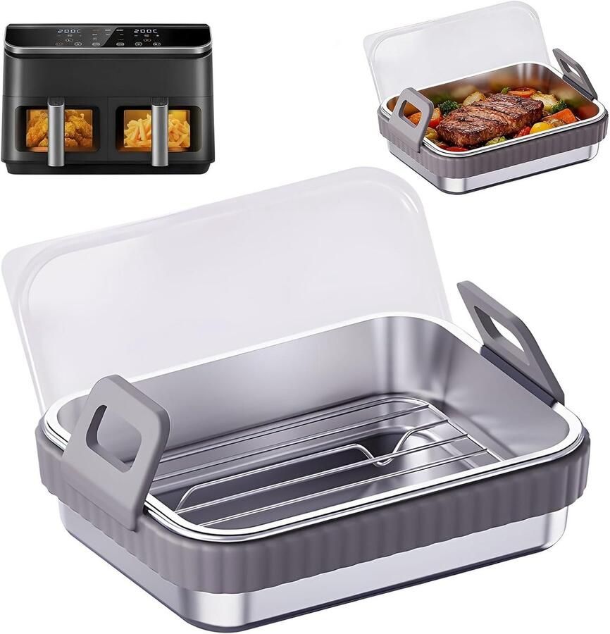 Airfryer Accessoire Van 304 RVS Bakvorm Met Deksel Rooster En Siliconen Handgrepen Grijs