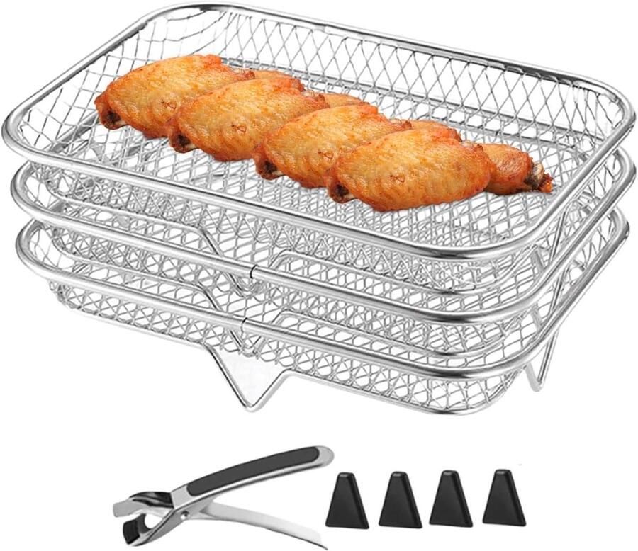 Airfryer Accessoires Bakpan Mand Extra Kookruimte Stapelbaar Ontwerp Set van 3 Zilver