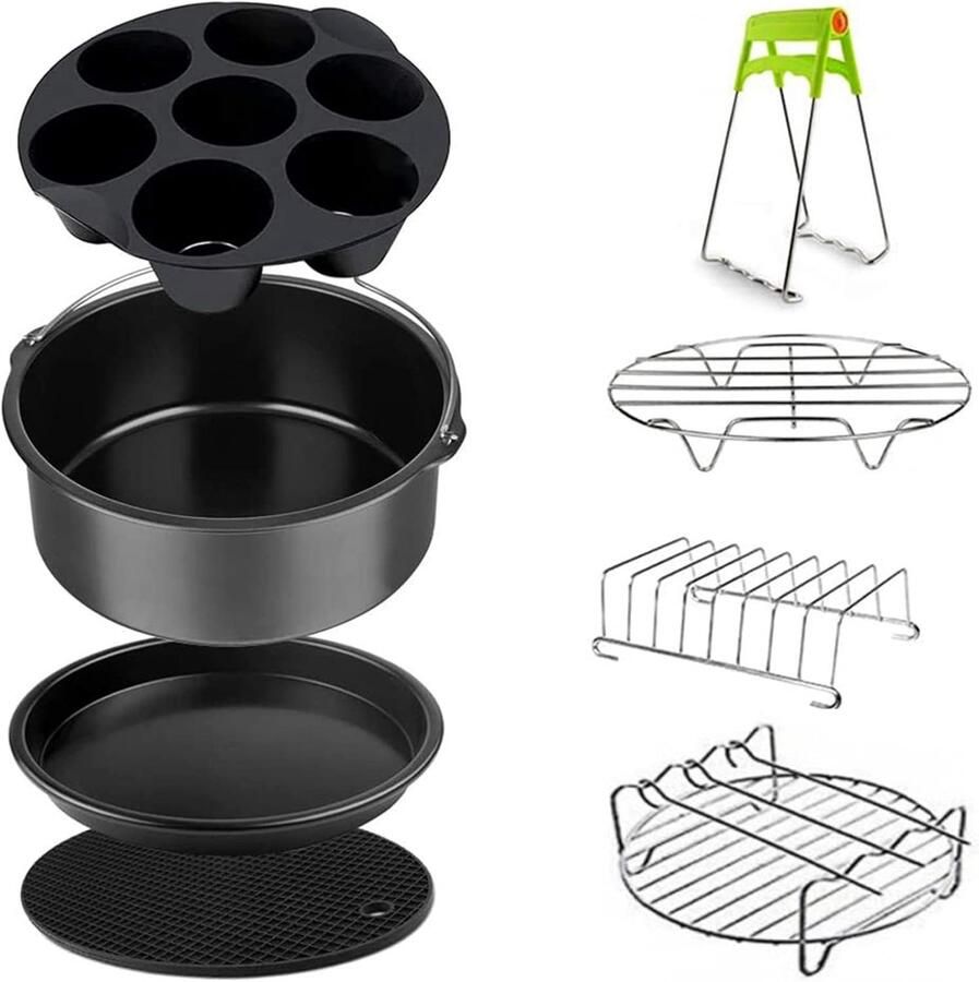 Airfryer Accessoires Complete Set Inclusief Airfryer Siliconen Bakje Ø 20cm Airfryer Accessoires Set 8 delig Compatibel met 3.2QT 6.8QT Airfryers