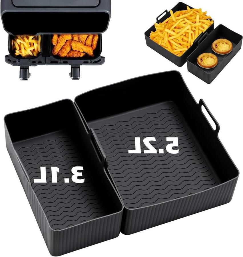 Airfryer Accessoires Dubbele Mand Accessoires Gezond Koken Roestvrij Staal & Siliconen 5.2L en 3.1L Zwart