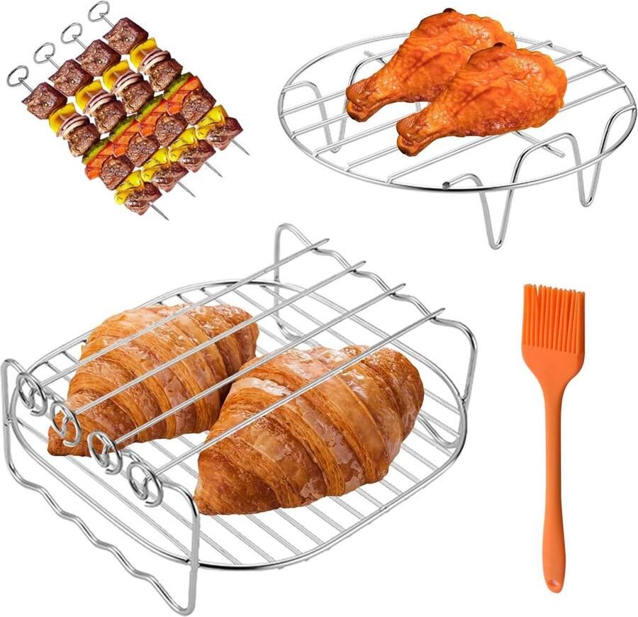 Airfryer Accessoires Dubbele Mand Houder Koken en Grillen Roestvrij Staal 7.6L tot 9.5L Zilver
