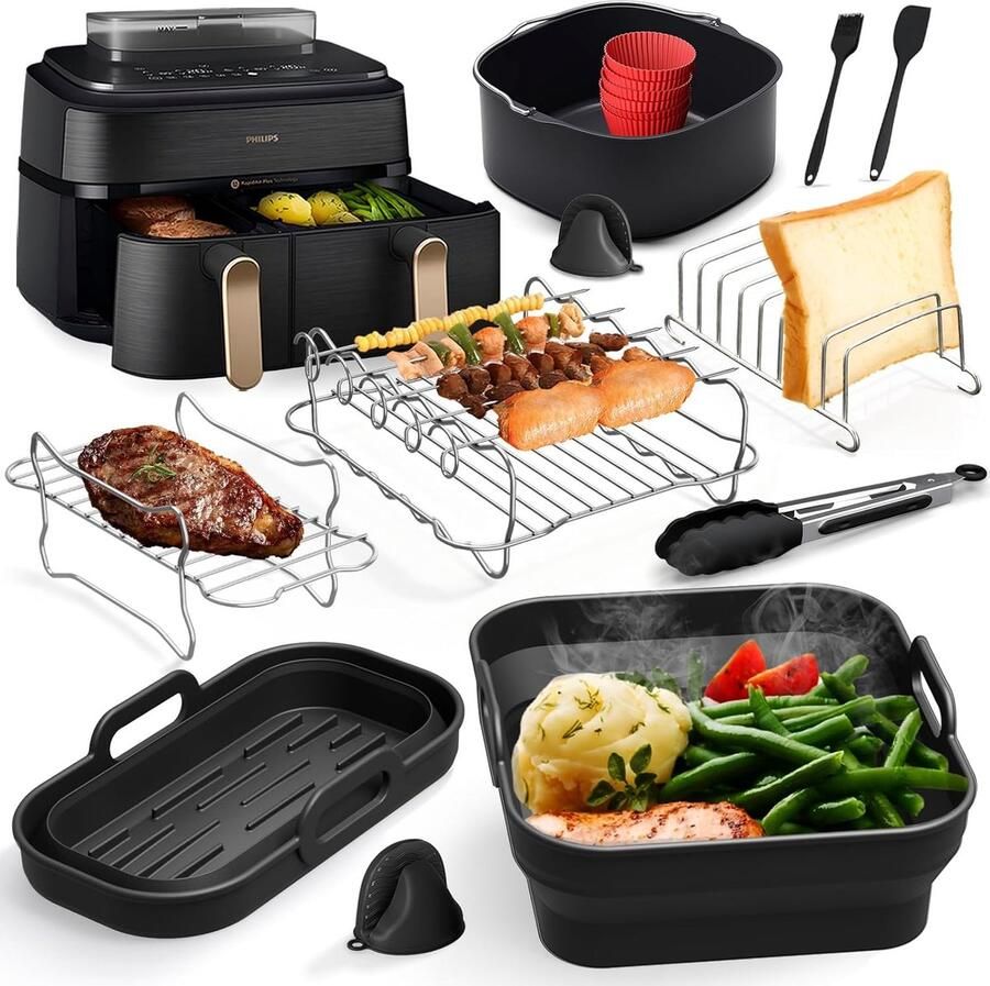 Airfryer-accessoires Gescht voor Philips Dual Basket Airfryer 3000-serie NA350 accessoires voor heteluchtfriteuse inclusief glazen oliespray siliconenvormen grillrooster bakpapier broodbakvormen