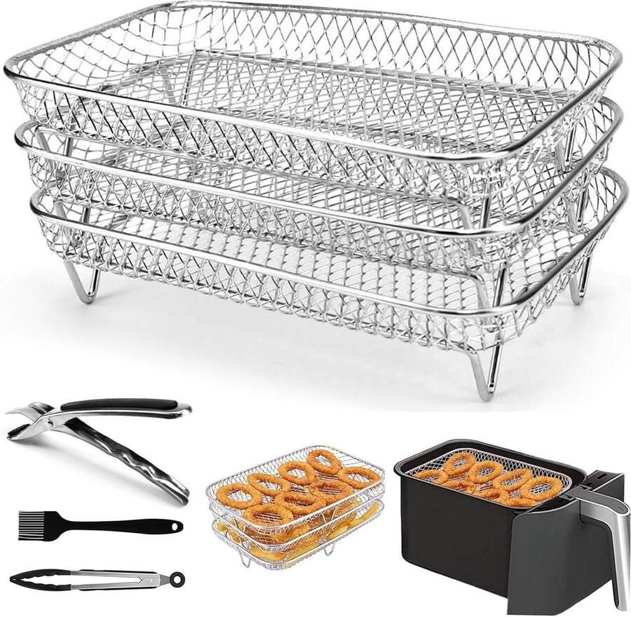 Airfryer Accessoires Grill Racks Extra Kookruimte Stapelbaar Ontwerp 3 Stuks Zilver