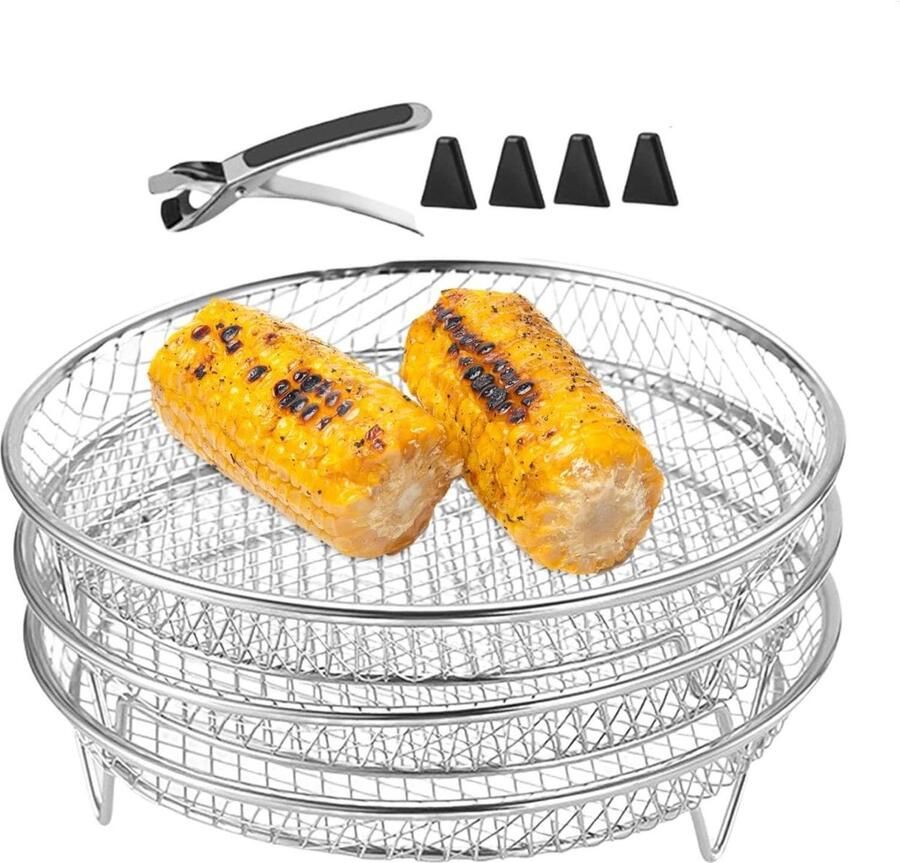 Airfryer Accessoires Grillrek Dehydrator Koken en Bakken Drielaags Stapelbaar 22 cm Diameter Zilverkleurig