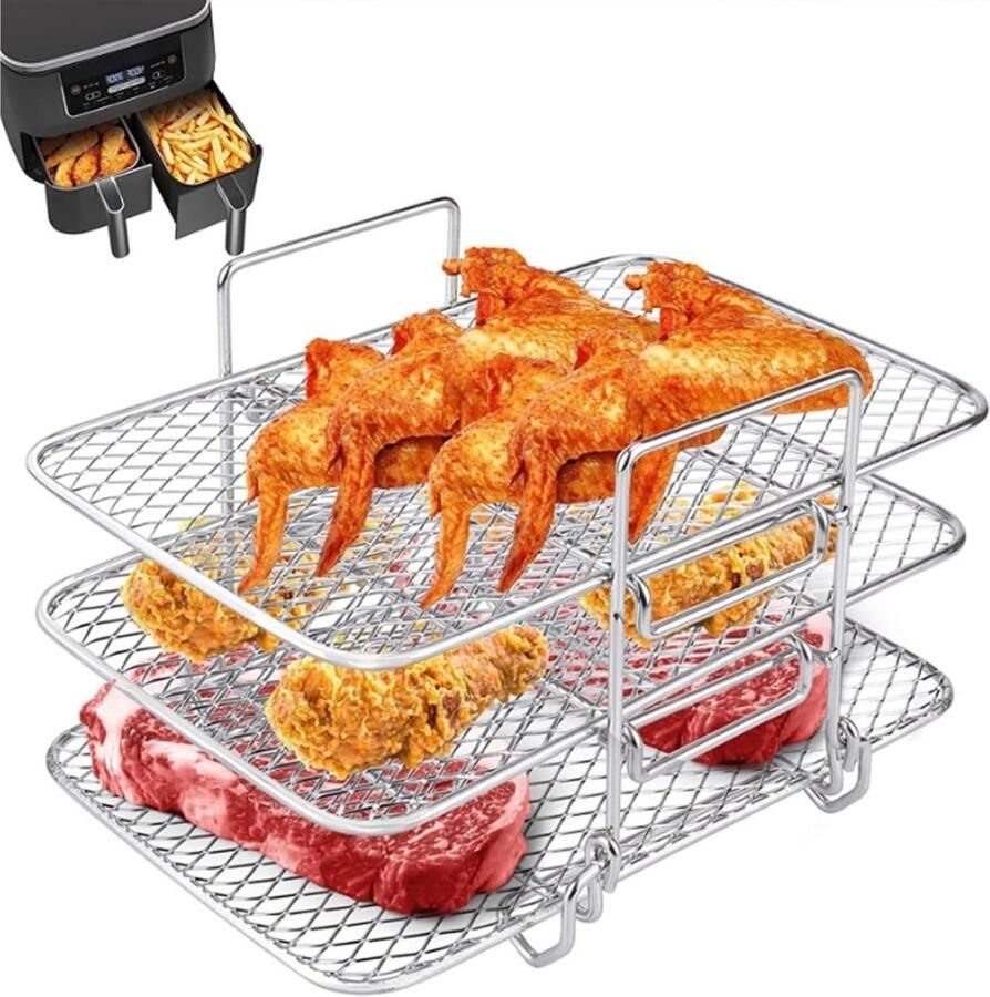 Airfryer Accessoires Grillrek Stoomrek Koken Bakken Roestvrij Staal 3 Lagen Zilver