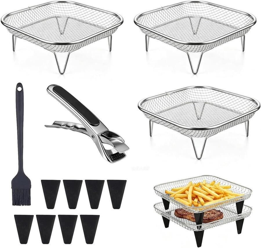 Airfryer Accessoires Heteluchtfriteuse Manden Meerdere Lagen Koken Stapelbaar Roestvrij Staal 3 Stuks Zilver