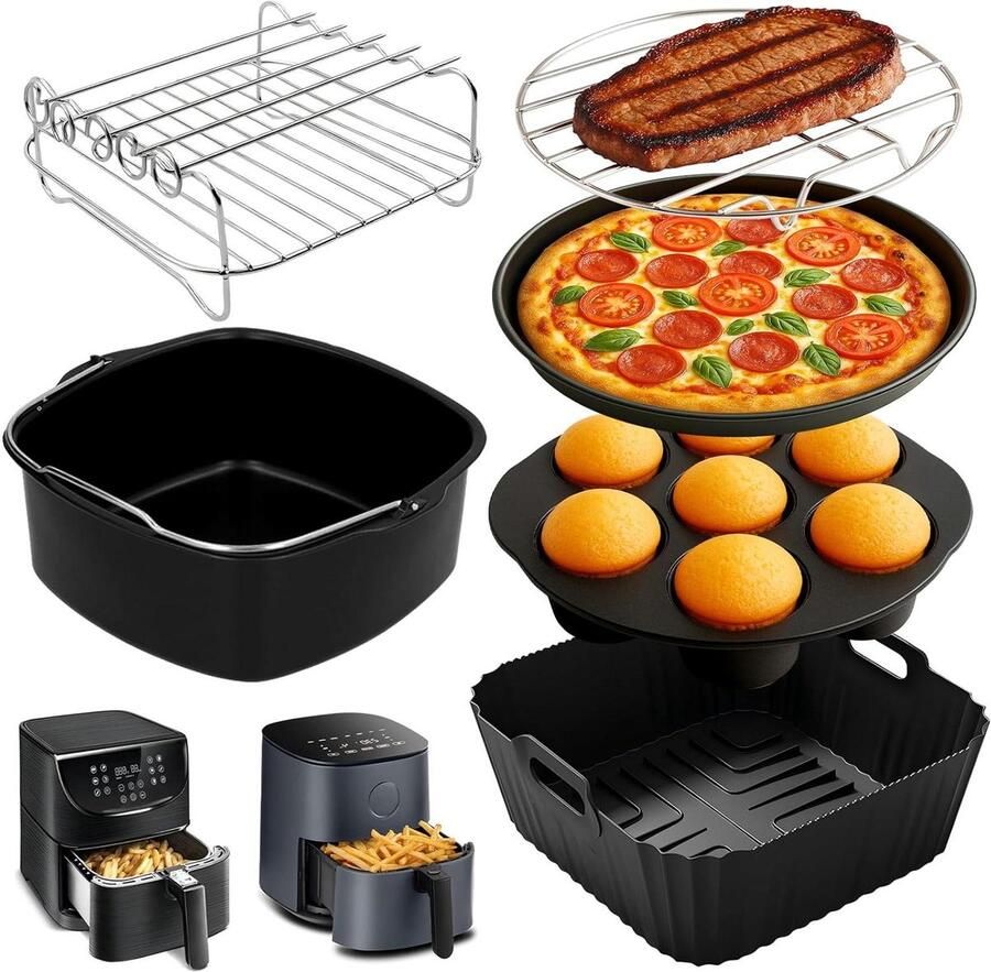 Airfryer Accessoires Heteluchtfriteuse Set Koken en Bakken Universele Pasvorm 6 Stuks Zilverkleurig