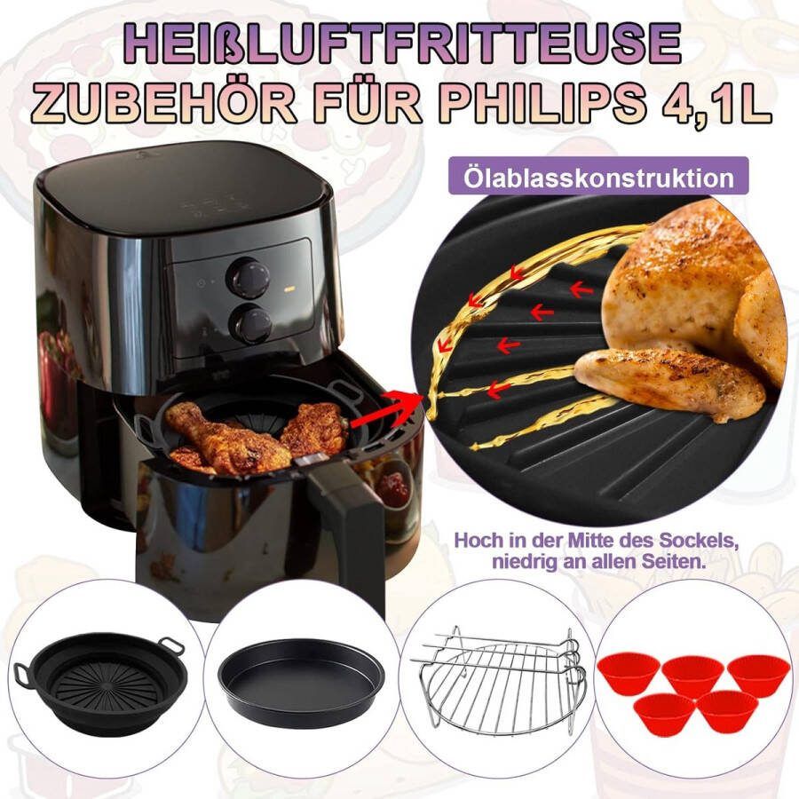 Airfryer Accessoires Inclusief 4 Stuks Bak Set (41 Liter) Siliconen Bakvorm Muffinvormpjes Grillframe Geschikt voor Philips Essential 41 L HD9252 HD9200