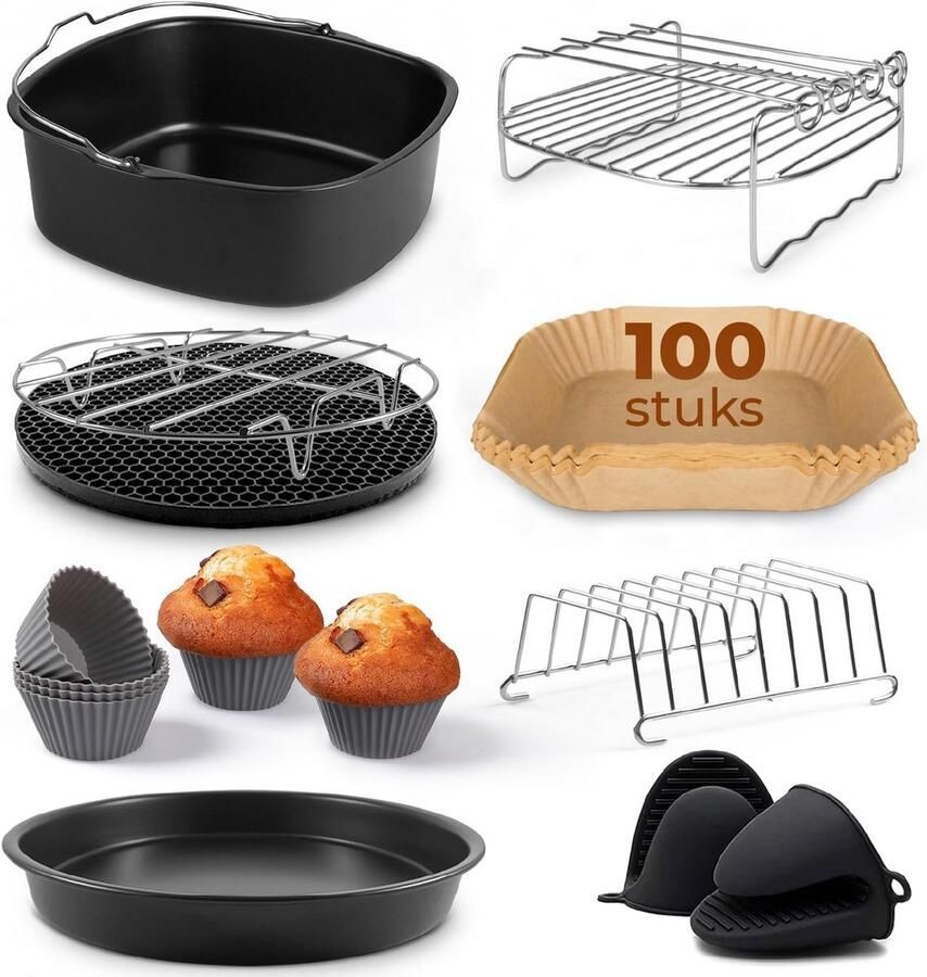 Airfryer Accessoires Keuken Hulpstukken Lekker Koken 19-delige Set XL XXL Maten Zilver