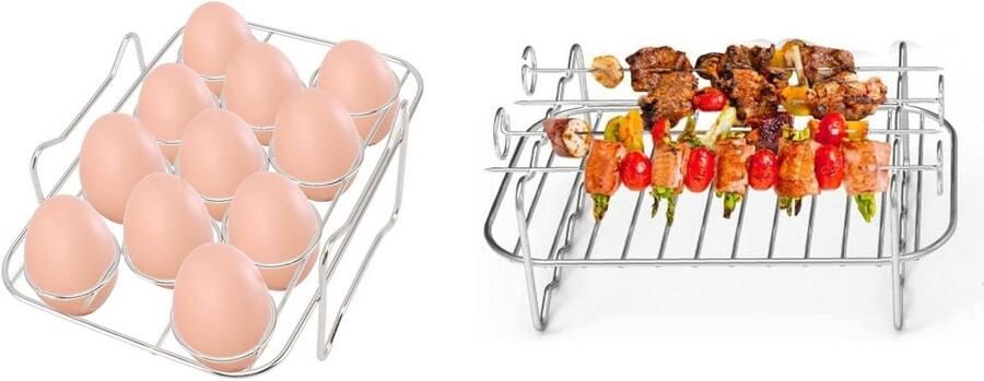 Set van 3 RVS Airfryer Accessoires: Meerlaags Rek Stoomrek & Barbecue Spiesjes