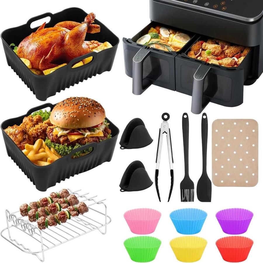 Airfryer Accessoires Set Airfryer Bakvormen Gezond Bakken Voor Dubbele Mand 24 cm Grijs