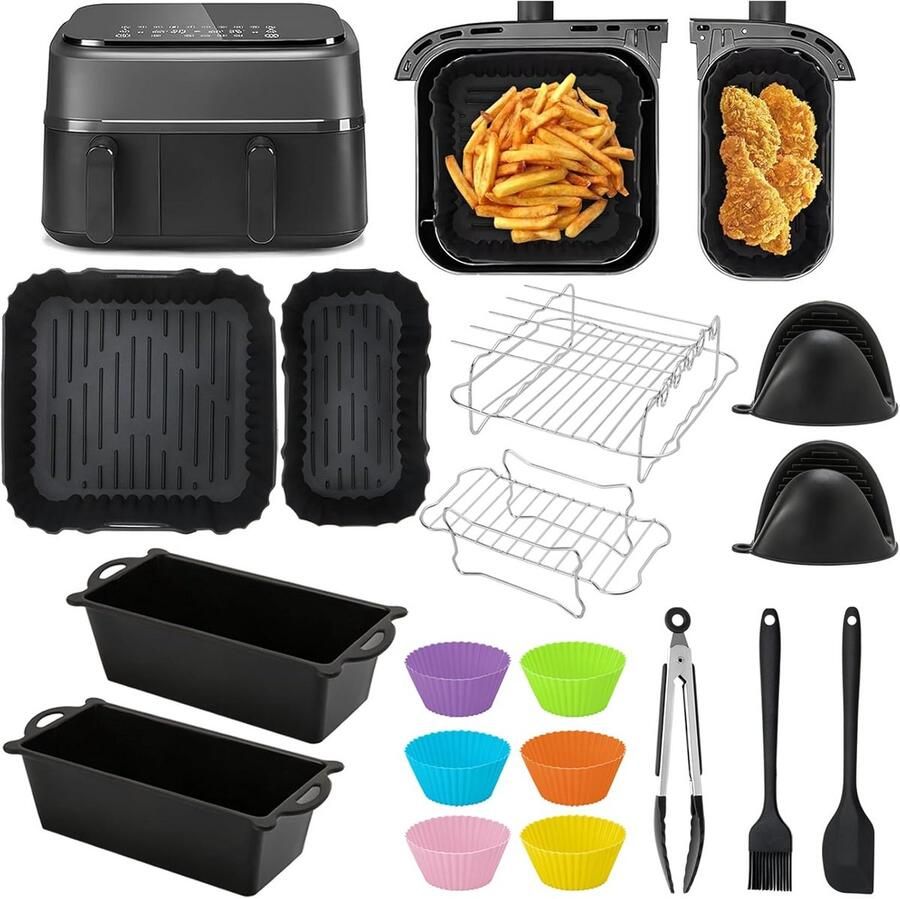Airfryer Accessoires Set Bakvormen en Grillrekken Gezonder Koken Dubbele Mand Compatibel 22 Delig Grijs