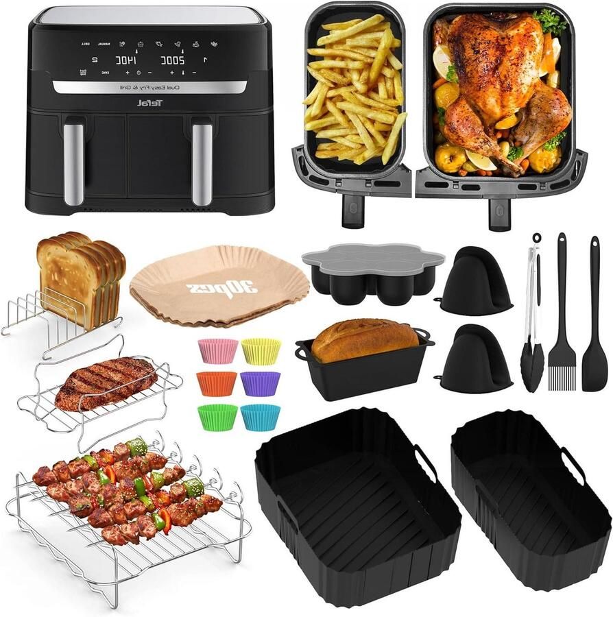 Airfryer Accessoires Set Bakvormen en Grillroosters Veelzijdig Bakken 19 Delig Compleet 5.2L en 3.1L Zwart