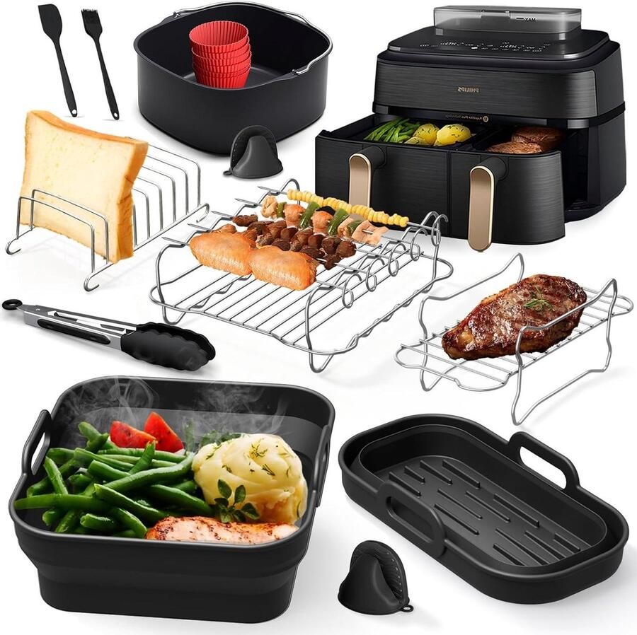 Airfryer Accessoires Set Bakvormen en Grillroosters Veelzijdig Koken Opvouwbaar Ontwerp 9 Liter Zwart