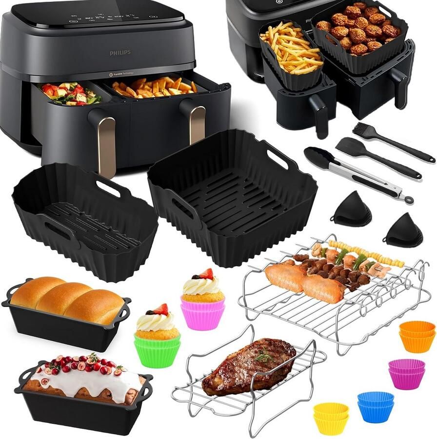 Airfryer Accessoires Set Bakvormen en Racks Veelzijdig Koken 23 Delig Inclusief RVS 9L Compatibel Zwart
