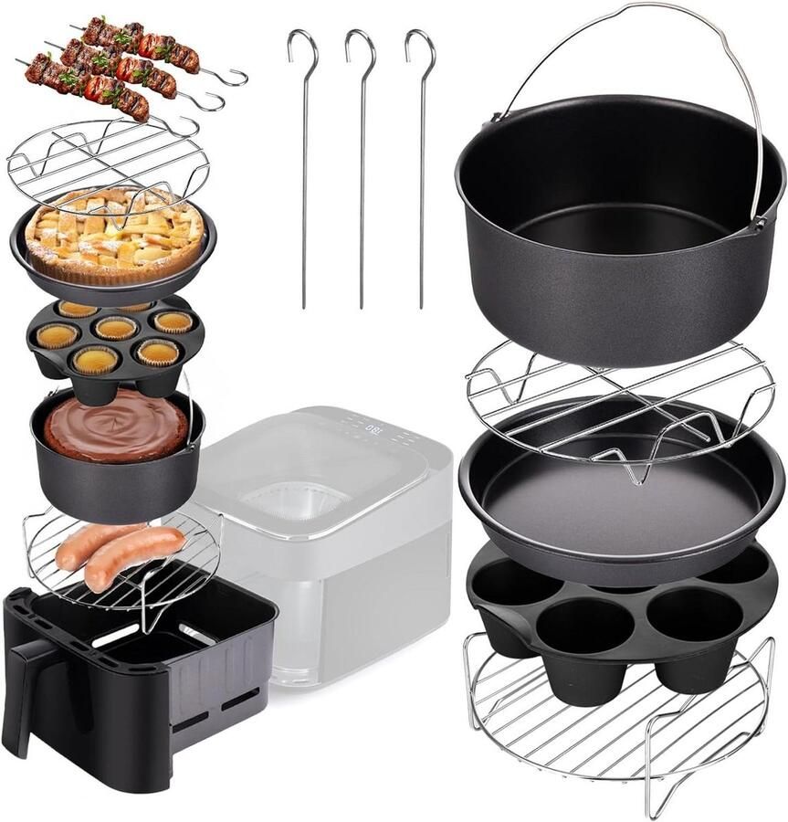 Airfryer Accessoires Set Bakvormen en Roosters Bakken en Grillen Universeel Passend 8 Delig Zwart