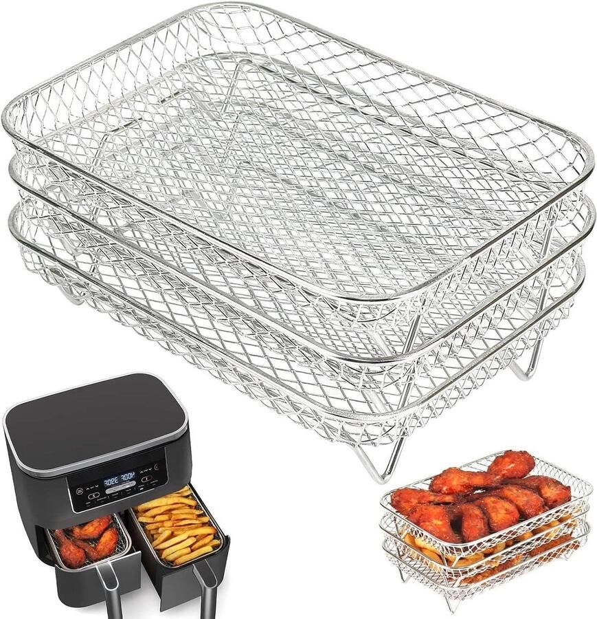 Airfryer Accessoires Set Grillrek Drogenrek Gezond Koken 3-Laags Stapelbaar 20 x 13.4 x 9 cm Zilver