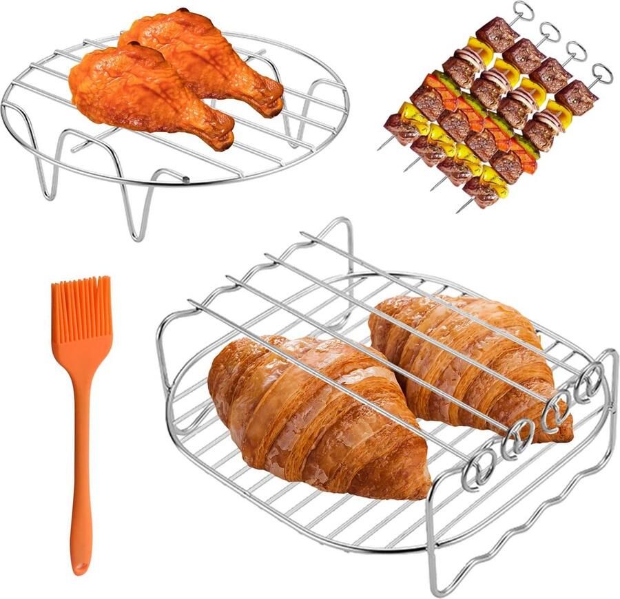 Airfryer Accessoires Set Grillrek en Spiesjes Koken en Grillen Roestvrij Staal 7-delig Zilverkleurig