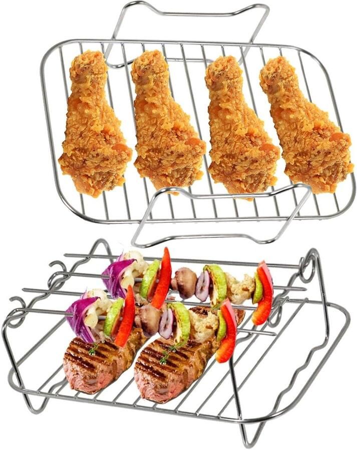 Airfryer Accessoires Set Grillrek Spiesrek Meer Koken Roestvrij Staal 20 x 13.2 cm Zilver