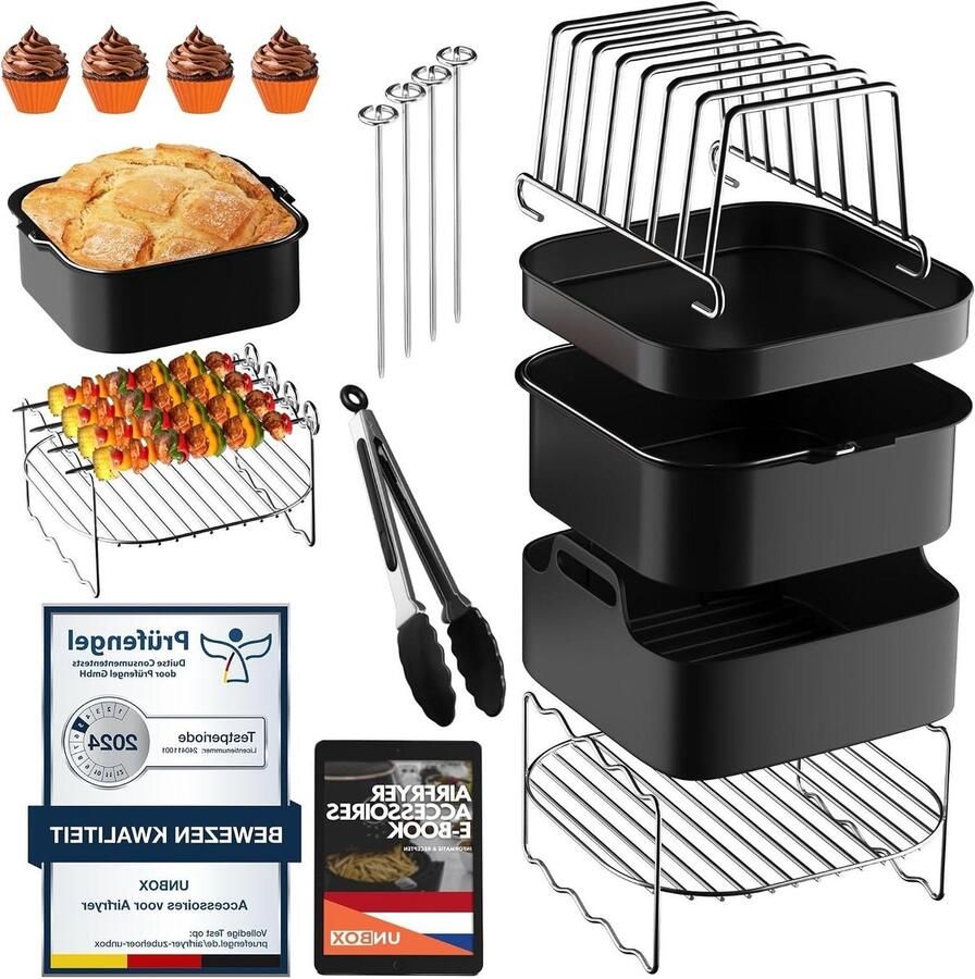 Airfryer Accessoires Set Heteluchtfriteuse Accessoires Bakken en Grillen 15 Delig Vierkant 5.5L-7.5L Zwart Oranje