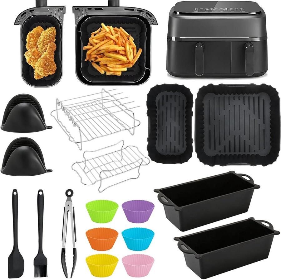 Airfryer Accessoires Set Keuken Hulpmiddelen Gezond Koken Dubbel Mand Ontwerp 22 Delig Grijs