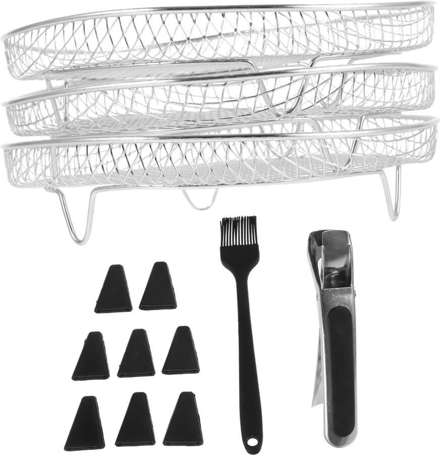 Airfryer Accessoires Set Keukenrek Rooster Meer Lagen Koken Roestvrij Staal 20x20x9.5 cm Zilver