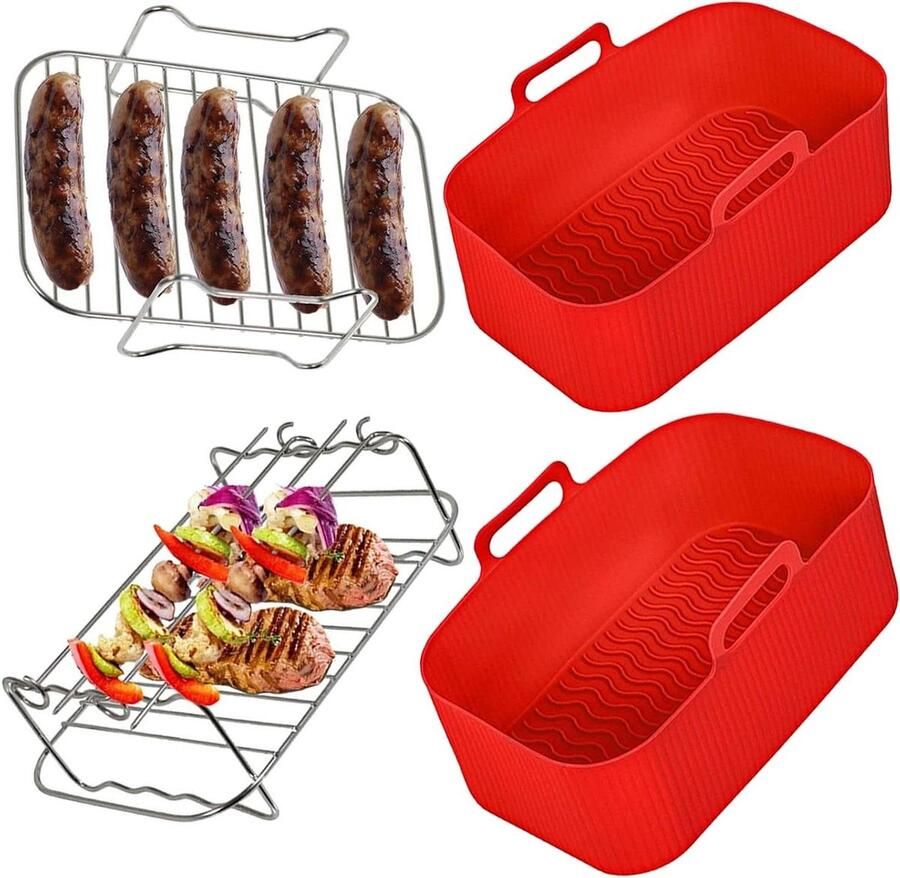 Airfryer Accessoires Set Mand & Rek Efficiënter Koken Roestvrij Staal & Siliconen 19.5cm x 13.2cm Zilver