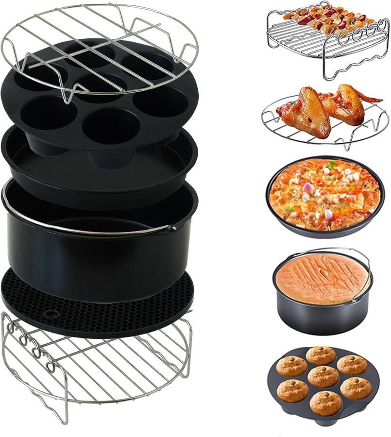 Airfryer Accessoires Set Oven Schalen Variëren met Koken 6-delig Ø17.5 cm Zwart