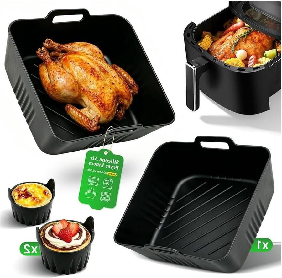 Airfryer Accessoires Set Siliconen Bakvorm Veilig Bakken Inclusief Ronde Ei Mat 20.5x20.5x9 cm Zwart
