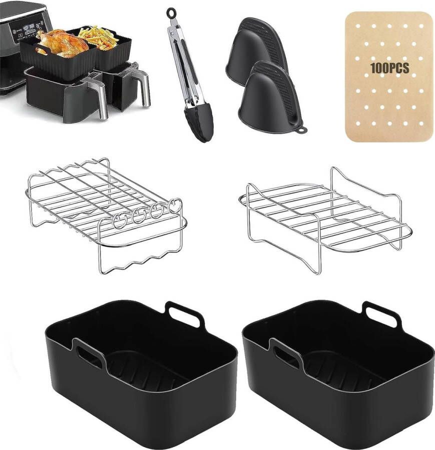 Airfryer accessoires set van 8 inclusief dubbele rekken en siliconen voeringen 100 stuks papieren voering siliconen handschoenen 1 stuk