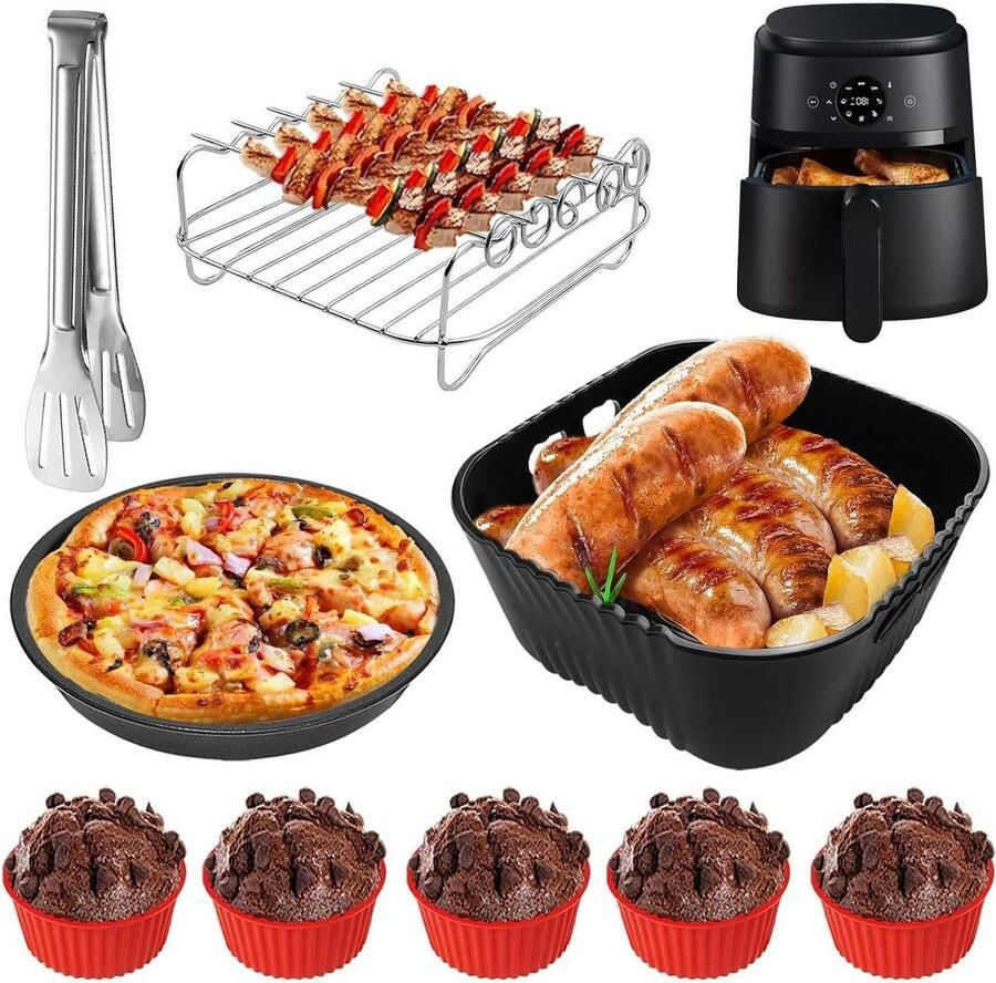 Airfryer Accessoires Siliconen Vorm Veelzijdig Koken 9-Delige Set 20 cm Zwart