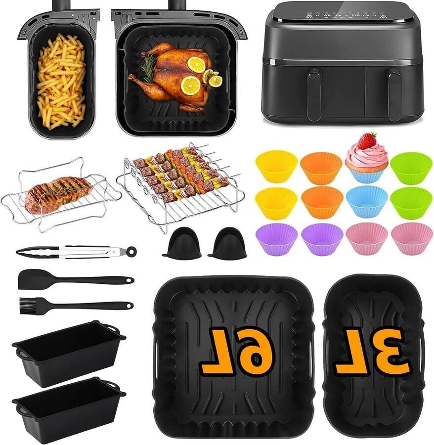 Airfryer Accessoires Siliconen Vormen Koken en Bakken Herbruikbaar Set 28 Delig Zwart