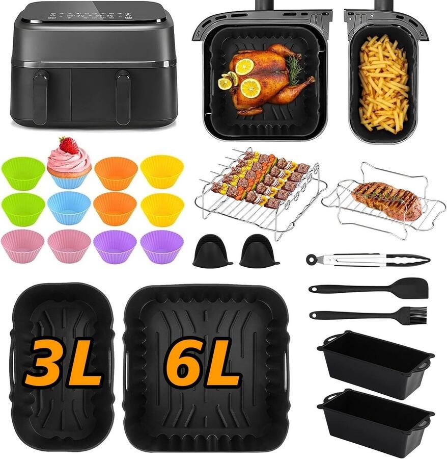 Airfryer Accessoires Siliconen Vormen Lekker Koken 28 Delige Set 6 Liter Compatibel Zwart