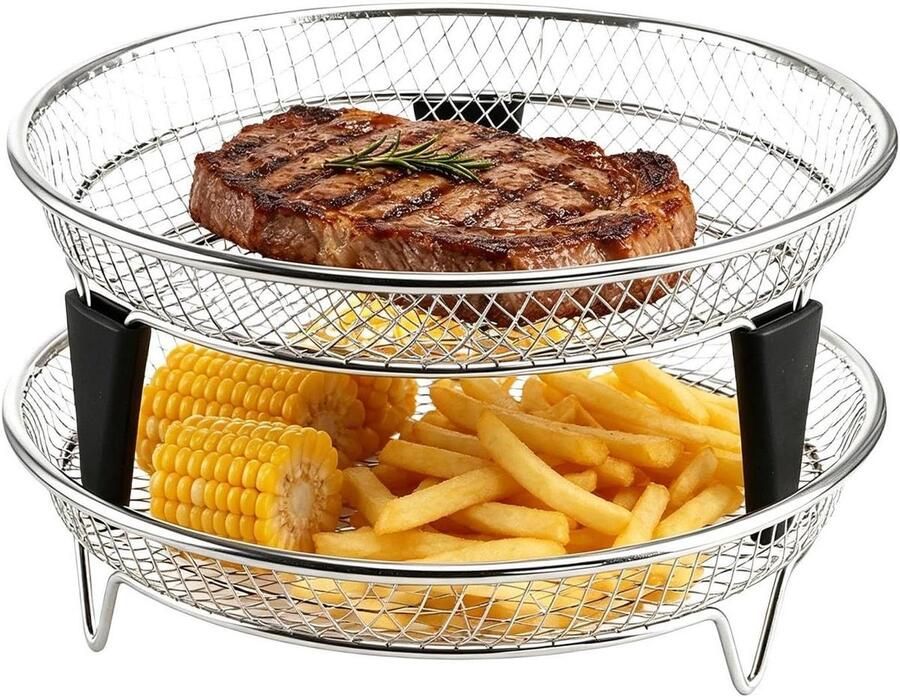 Luchtfriteuse manden Stapelbare roosters Gezond koken Duurzaam roestvrij staal 2 stuks 4-6.5L Zilver