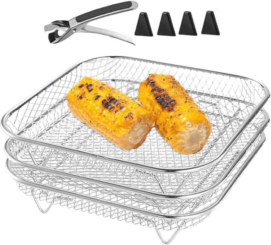 Airfryer Accessoires Stapelbare Mand Dubbel Koken Roestvrij Staal 3 Delig Zilverkleurig