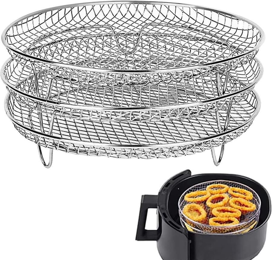 Airfryer Accessoires Stapelbare Manden Dubbele Porties Roestvrij Staal 7.8 Inch Zilver