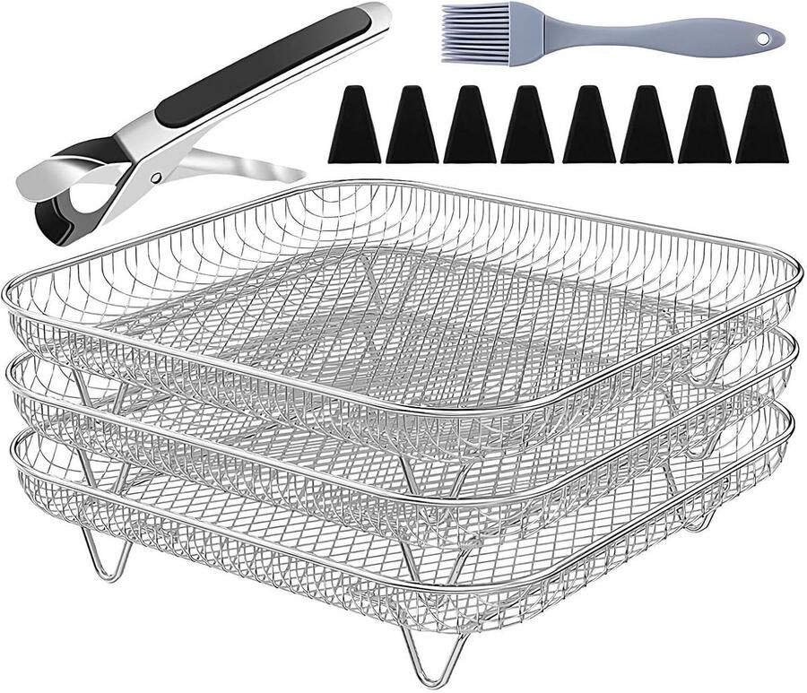 Grillrek Set Bakrek Keuken Oven Bakken Grillen Stapelbaar 3 Lagen 20x20 cm Zilver