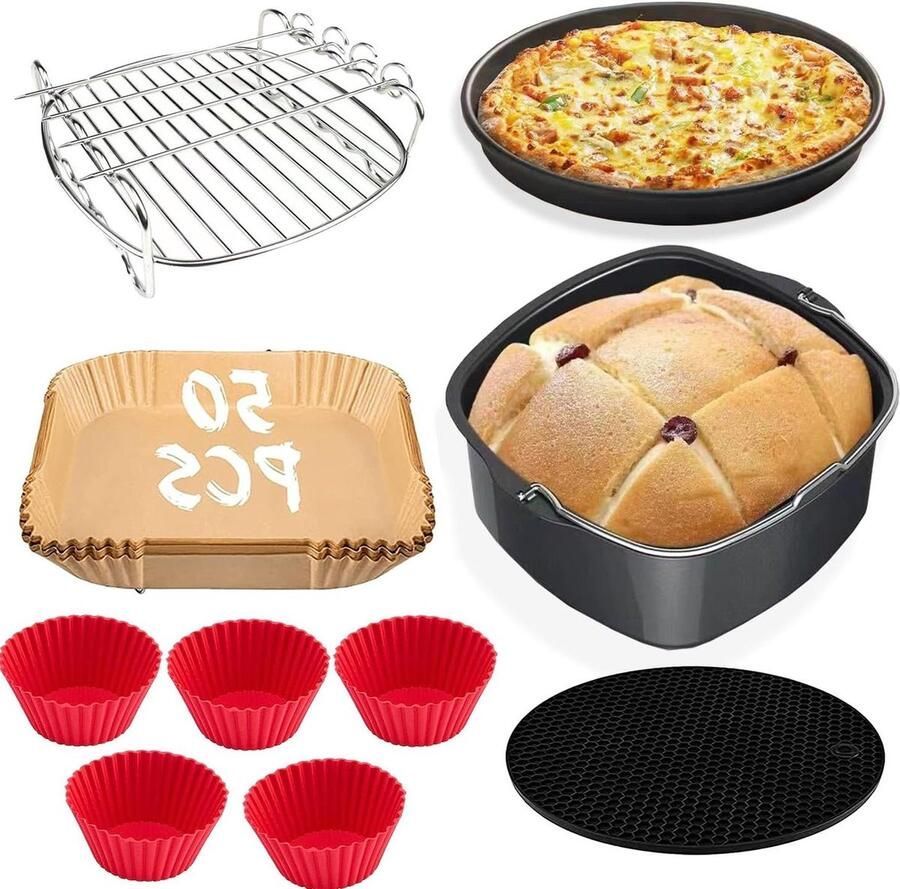 Airfryer Accessoireset Compatibel met 55L Air Fryer Cake Pan Pizza Pan Bakrek Siliconen Cup Cake Mould Papier Voering