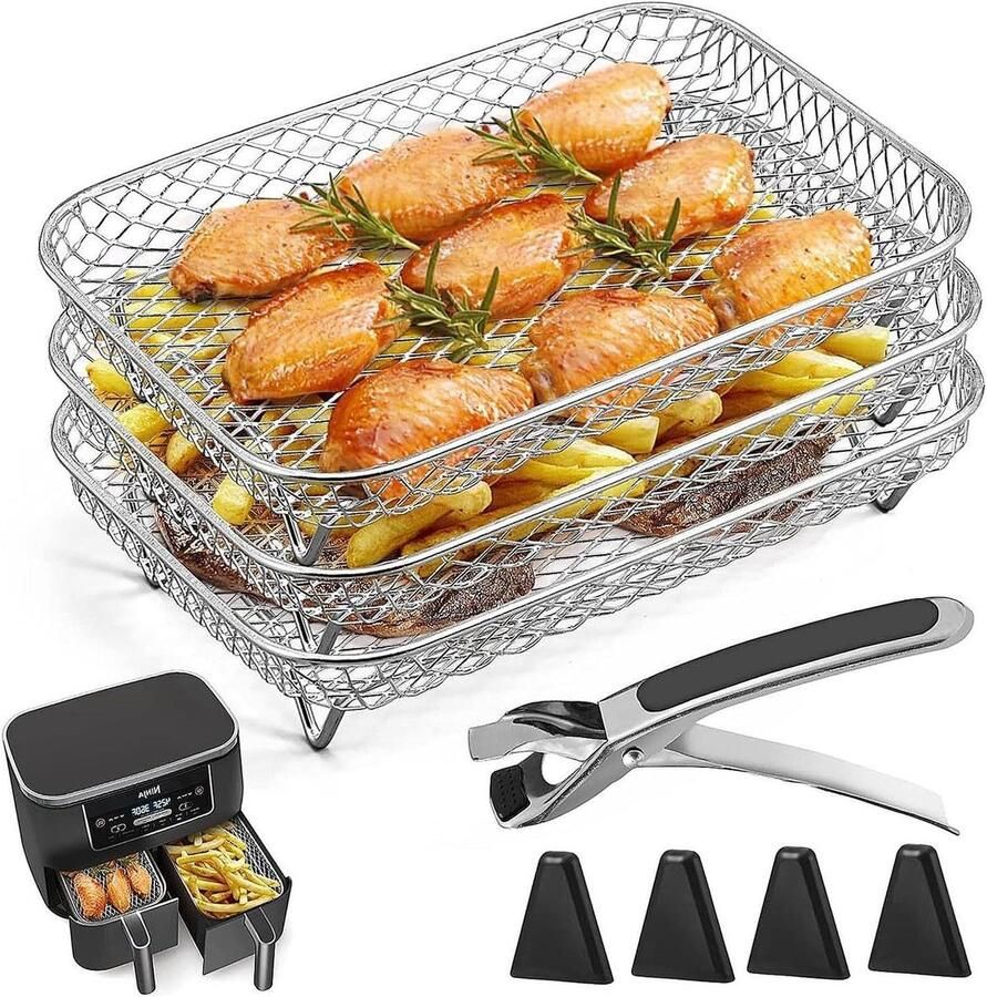 Airfryer Accessoireset Grillrek Stapelbaar Koken en Grillen 3-Laags Ontwerp 8 Inch Zijlengte Zilver